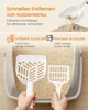 Two cat litter scoops are shown in front of a cat litter box filled with litter. Text overlays describe the features of the scoops. Produktbild-Vorschau
