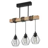 A three-light pendant lamp with a wooden beam and black metal cages. Náhľad obrázku produktu
