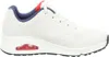 A side view of a white SKECHERS UNO women's sports shoe with red and blue accents. Voir les images du produit