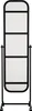 A full-length mirror with a black frame and a white reflective surface, standing on a black metal base with wheels. Anteprima dell’immagine prodotto