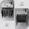 A split image showing a bathroom vanity with a sink and faucet. One side shows the cabinet doors closed with a unique folding design, and the other side shows the doors open, revealing the interior storage space. Text and icons highlight features. Produktbild-Vorschau