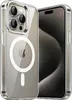 A clear protective case for an iPhone 15 Pro, featuring MagSafe compatibility, is shown against a white background. Voir les images du produit