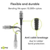 A USB-C cable is shown with callouts highlighting its flexibility and durability features. Anteprima dell’immagine prodotto