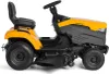 A side view of a yellow and gray riding lawn mower on a white background. Produktbild-Vorschau