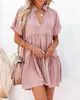 Damenkleid mit V-Ausschnitt und Kordelzug – kurzärmeliges Produktbild-Vorschau 3