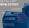 Close-up of a navy blue beanbag sofa with text overlays highlighting its features. Produktbild-Vorschau