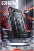 A black phone case with a kickstand is displayed in a futuristic, industrial setting with robotic arms. Produktbild-Vorschau