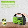 A hand holding a green emergency radio with text overlays describing its features. Produktbild-Vorschau