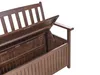 A close-up view of a wooden storage bench with its lid open, revealing the interior storage space. The bench is made of dark brown wood and has a slatted design on the backrest and sides. Náhled obrázku produktu