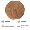 A round placemat with a wood grain pattern is shown, with four feature callouts below. Produktbild-Vorschau