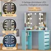 A vanity table with a mirror and lights, showcasing different light settings. Voir les images du produit