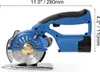 A side view of a blue electric rotary cutter with dimensions indicated. Voir les images du produit