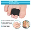 Close-up of a person's toes wearing a toe separator, with supporting text and illustrations. Produktbild-Vorschau