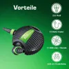 A pond pump is shown with various features listed in text and icons on a green background. Produktbild-Vorschau