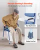 An elderly man is sitting on a toilet with a blue medical chair around it. Produktbild-Vorschau