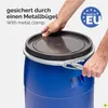 A person's hands are shown closing the lid of a blue plastic barrel with a metal clamp. Produktbild-Vorschau