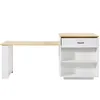 A white and light brown desk with a drawer and shelves against a white background. Produktbild-Vorschau