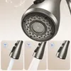 Close-up of a kitchen faucet spray head with three inset images demonstrating different spray modes. Podgląd zdjęcia produktu