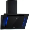 A black kitchen range hood with blue accent lighting. Produktbild-Vorschau