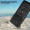 A black smartphone case with a ring holder is shown in a snowy, outdoor environment. Produktbild-Vorschau
