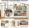 A collage showcasing a multi-functional kitchen island or cabinet, highlighting its storage and design features with text overlays and close-up views. Náhled obrázku produktu