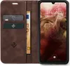 A brown leather flip case for a smartphone, open to reveal credit card slots and a banknote, with the phone screen displaying the time and date. Produktbild-Vorschau