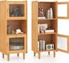 Two identical bamboo cabinets are shown side-by-side against a white background. The cabinet on the left is closed, while the cabinet on the right is open, revealing its contents. Produktbild-Vorschau