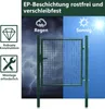 A split image showing a green garden gate under stormy weather on the left and sunny weather on the right. Icons and text highlight features. Produktbild-Vorschau