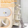 A cat tree is shown next to a wall with text and close-up images illustrating its stability features. Podgląd zdjęcia produktu