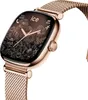 A close-up, angled view of a rose gold smartwatch with a Milanese band, displaying a floral watch face. Produktbild-Vorschau