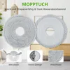 Two round mop pads are shown, one with a textured surface and the other with a smoother surface. Smaller inset images show a mop pad in water, a mop pad attached to a robotic vacuum cleaner, and a close-up of the mop pad's fabric. Produktbild-Vorschau
