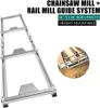 A chainsaw mill guide system is shown on a white background, with a close-up inset image of the system in use. Voir les images du produit