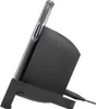 A black wireless charging stand with a phone on it, shown from the side. Produktbild-Vorschau
