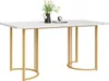 A white marble-patterned dining table with gold metal legs, set against a white background. A vase of flowers and a small clock are on the table. Voir les images du produit