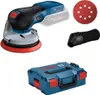 A collection of Bosch GEX 18V-125 Professional Akku-Exzenterschleifer components, including the sander, a sanding disc, a dust collector, and a storage case. Anteprima dell’immagine prodotto