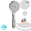 A chrome-plated hand shower with multiple spray settings and included seals, presented against a white background with marketing graphics. Produktbild-Vorschau