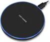 A black wireless charging pad with a blue LED light ring around the edge, connected to a black USB cable. Produktbild-Vorschau