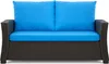 A front view of a dark gray rattan sofa with bright blue seat and back cushions, set against a white background.