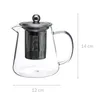 A clear product shot of a glass teapot with a metal infuser and lid, with dimensions indicated by lines and text. Podgląd zdjęcia produktu