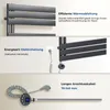 A collage of images showing different aspects of a Heilmetz electric towel radiator, including its design, heating element, and connection cable. Voir les images du produit