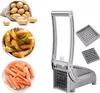 A collage showing a potato cutter, raw potatoes, cut carrots, and cooked potato wedges. Náhled obrázku produktu