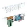 Two views of a white aluminum drying rack mounted on a wall, with clothes hanging on the lower rack. Podgląd zdjęcia produktu