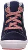 A close-up, front-facing view of a child's blue lace-up boot with pink laces and gray trim. Produktbild-Vorschau
