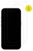 Two clear screen protectors are shown on a white background, with one partially covering a black smartphone. Produktbild-Vorschau