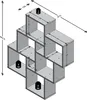 A 3D rendering of a modular shelving unit with dimensions indicated. Produktbild-Vorschau