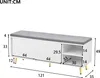 A diagram showing the dimensions of a white shoe bench with a gray cushion and gold legs. Produktbild-Vorschau