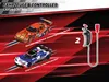 Two toy race cars and a controller are shown on a red and black background with motion blur effects. Produktbild-Vorschau