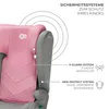 Close-up of a pink and gray child car seat, highlighting safety features with text and diagrams. Produktbild-Vorschau