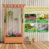 A wooden planter box with a trellis structure, filled with flowers and plants, set against a wooden wall background. The image includes a collage of garden scenes. Podgląd zdjęcia produktu