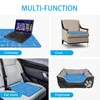 Collage showing a cooling mat used in four different scenarios: on a desk with a laptop, on a chair, in a car seat, and in a dog bed. Produktbild-Vorschau